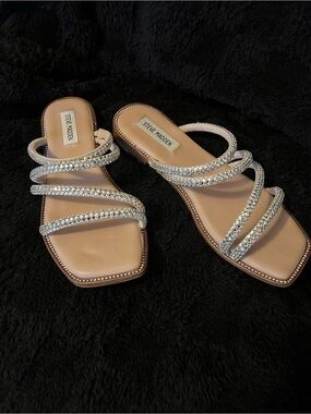 Steve Madden Crystal Embellished Strappy Slide Sandals in Silver